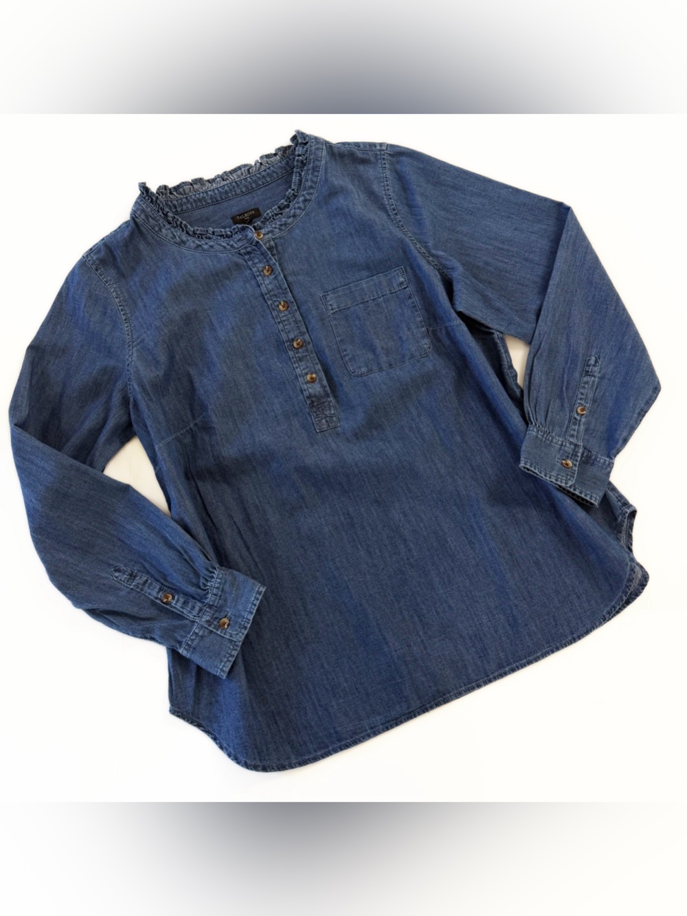 Talbots Shirt Womens Sz 1X Denim Ruffle Neck Popover Blue New Cotton